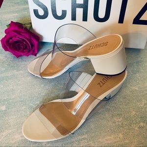 SCHUTZ NWT Block Heel Leather Clear Strap Sandals